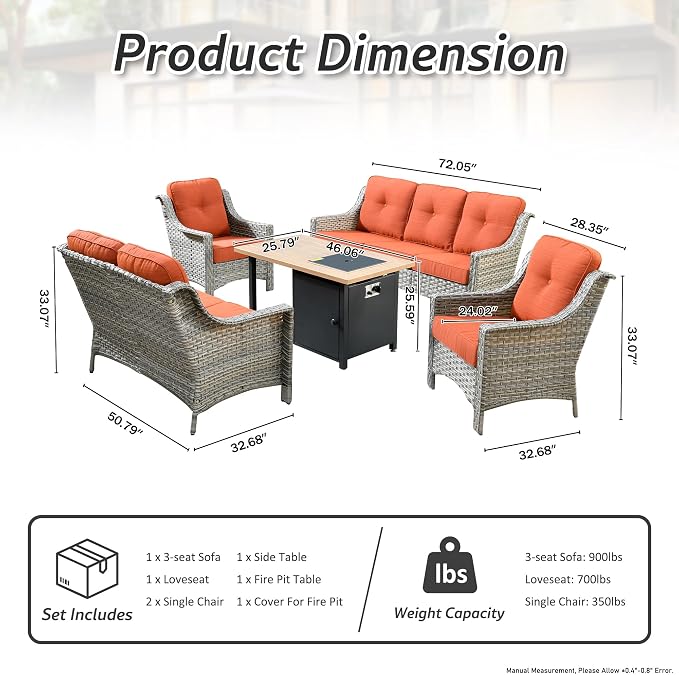HOOOWOOO 5 Piece Patio Set with Fire Pit Table, Outdoor Wicker Furniture, All Weather Resistant High Back Rattan Outside Furniture (Orange Red)