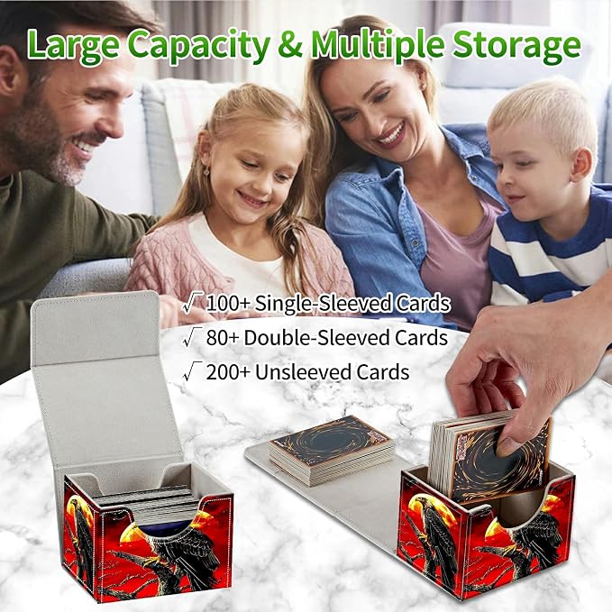 Card Deck Box for MTG, Cards Storage Box Fits 120+ Sleeved, Leather Small Size Strong Magnetic Closing Card Case for Board Games Magic TCG CCG Baseball Collection, Red Sky Eagle