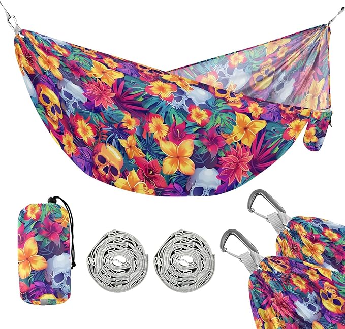 Camping Hammock Outdoor Hammocks for Outside Skulls Tropical Flowers Beach Trees Portable Lightweight with Pockets Tree Straps Indoor