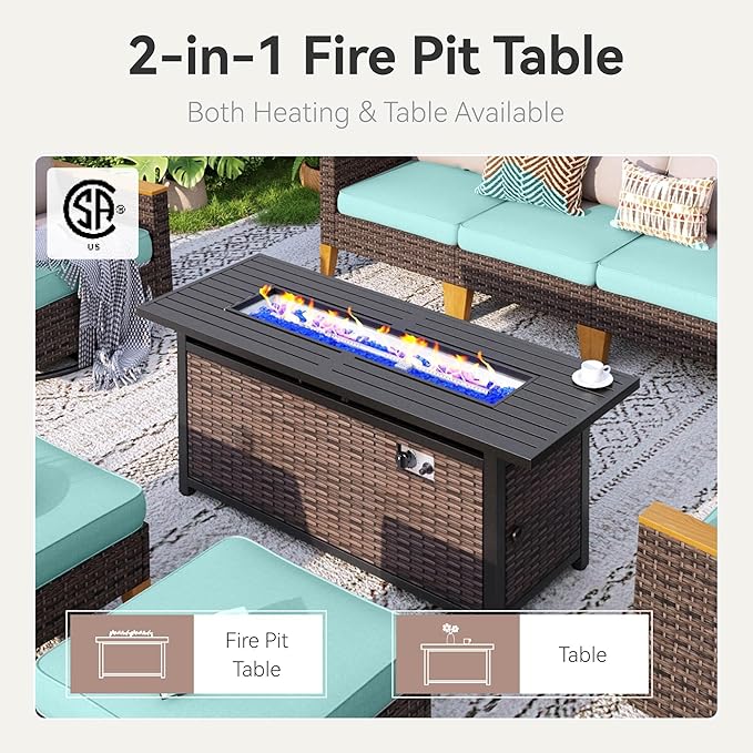 GREEN PARTY 9 Pieces Wicker Patio Furniture Set with 56" Fire Pit Table, All-Weather Outdoor Rattan Patio Sectional Sofa Conversation Set with 4" Thick Cushions for Backyard, 2 x Ottomans (Blue)