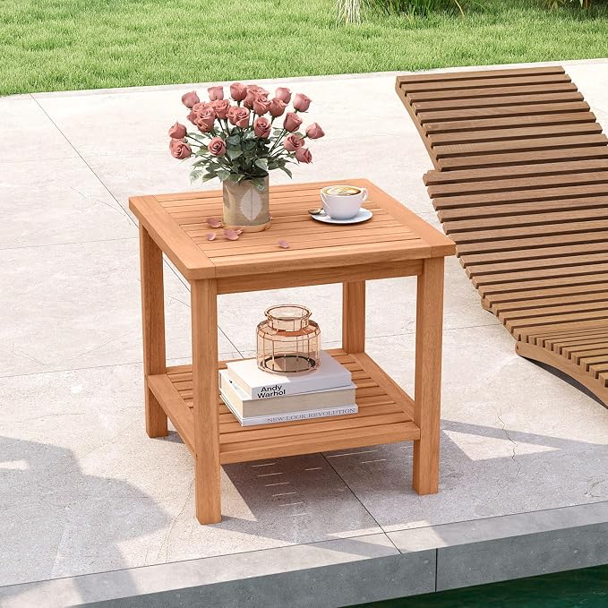 Tangkula Outdoor Side Table, 2-Tier Acacia Wood Square End Table with Slatted Tabletop & Storage Shelf, Indoor Outdoor Wooden Accent Bistro Patio Table for Backyard, Poolside, Garden, Natural (1)
