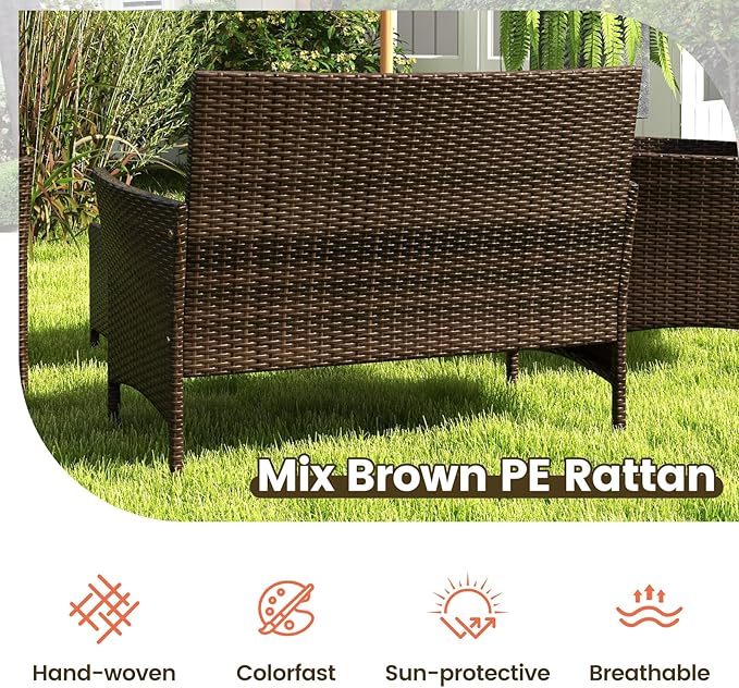 RELAX4LIFE 4-Piece Patio Furniture Set - Rattan Outdoor Conversation Bistro Set w/Cushions, Glass Coffee Table, Wicker Chairs & Loveseat for Garden Backyard Porch, Balcony Furniture Set (1, Orange)