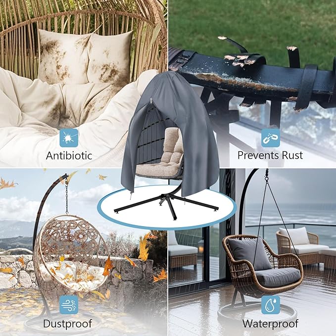 【Upgraded】RICHIE 75”x45” Patio Egg Chair Covers Waterproof & UV Resistant, Heavy-Duty Zippered Cover for Outdoor Egg Swing Chairs, Hanging Chairs, All-Weather Protection for Garden, Balcony - Grey