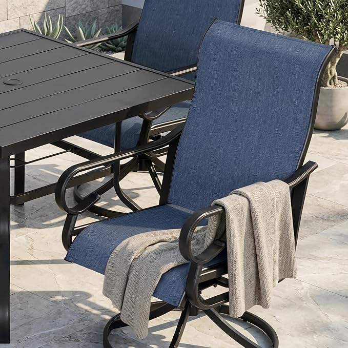 NUU GARDEN 5-Piece Outdoor Dining Set, Metal Swivel Chairs for 4 | All-weather blue patio furniture set for 4. Breathable textilene swivel rockers. Metal table with umbrella hole