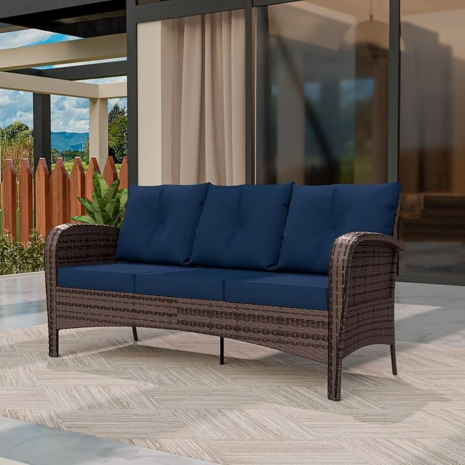 Patio 3-Seater Sofa, PE Wicker Outdoor Lounge with Thick Removable Cushions, Rust-Proof Steel Frame, 900LBS Capacity, Blue