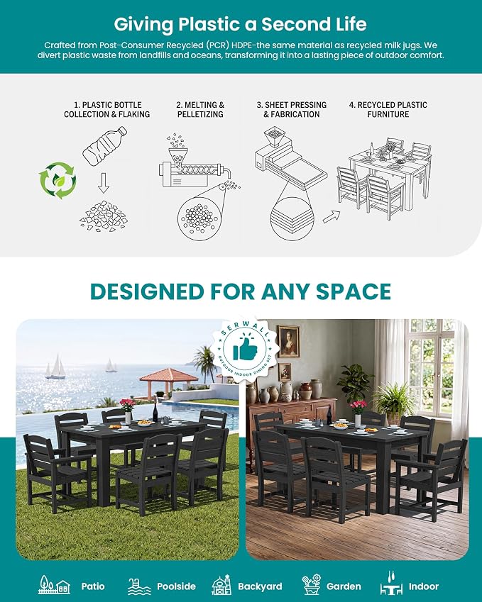 SERWALL Outdoor Dining Set for 10, w/ 2 Tables & 10 Chairs, Black | All Weather Resistant HDPE Dining Sets for Patio, Garden, Backyard
