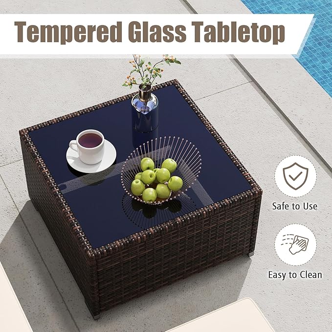 Tangkula L Shaped Outdoor Patio Furniture Set, 4 Seats Wicker Patio Conversation Set with Cushions and Tempered Glass Coffee Table, for Yard, Porch, Garden and Poolside