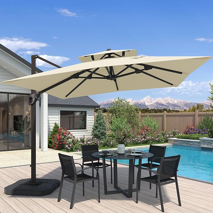 10x10 FT Cantilever Patio Umbrella Double Top Outdoor Square Large Heavy Duty Aluminum Offset Umbrellas with 7 Level Tilt 360-degree Rotation for Pool Garden Deck, Beige