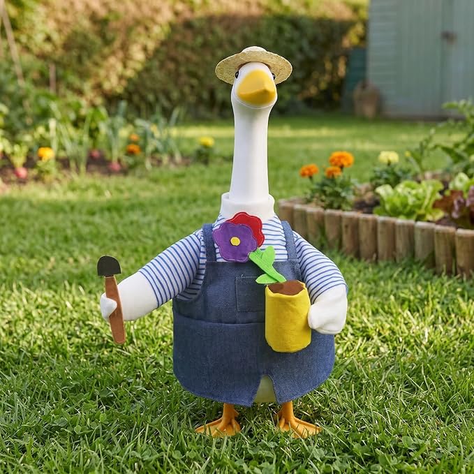 Erythem Gardener Porch Goose Outfits, Cute Spring Porch Goose Clothes with Straw Hat, Shovel & Flower Pot Fits 23" Cement Plastic Geese Statue for Outdoor Garden Yard Decor