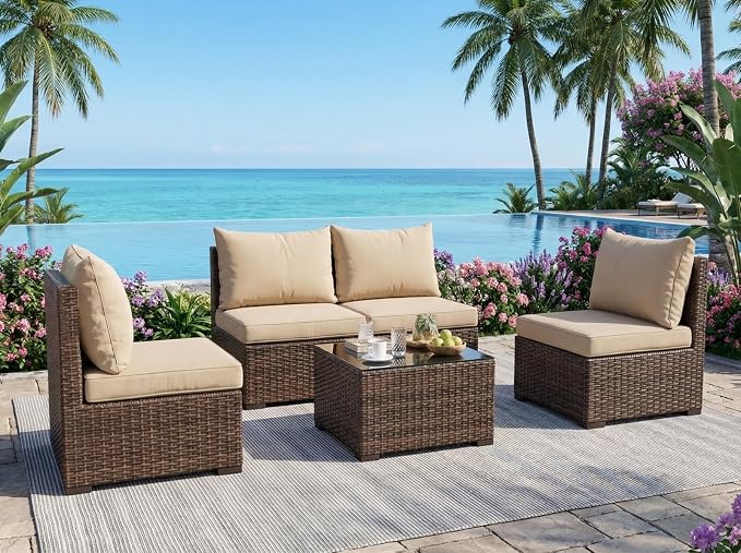 5 Pieces Patio Furniture Set with Glass Table, Outdoor PE Rattan Sectional Sofa with Soft Cushions for Backyard, Porch, and Poolside (Beige, 5 PCS w/Table)