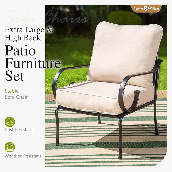 Sophia & William 4 Piece Patio Furniture Set with Fire Pit, Outdoor Conversation Sets 5 Seats Clearance with 45" Gas Fire Pit Table x 1, 3-seat Sofa x 1, Cushioned Chair x 2 for Porch Lawn, Beige