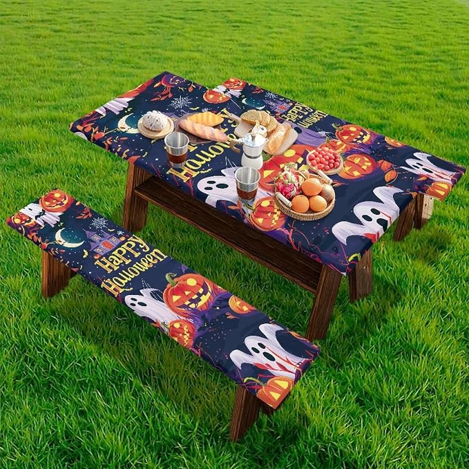 Happy Halloween Picnic Table Cover with Bench Covers Lightweight Camping Essentials, Oil-Proof Waterproof 3PCS Tablecloth with Elastic, Fitted for Backyard Parties & Trick-or-Treat