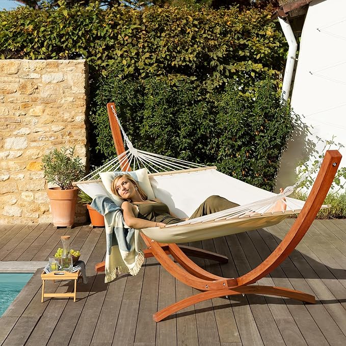 ECOTOUGE 14 FT Hammock with Stand, 2 Person Heavy Duty Hammock Stand, Large Hammock Bed for Porch, Patio, Balcony, Garden, Backyard, White-Yellow