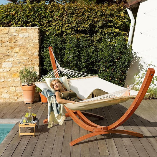 ECOTOUGE 14 FT Wooden Hammock with Stand, Outdoor Double Hammock with Wood Stand 2 Person Heavy Duty Hammock and Stand for Outside Backyard, Balcony, Porch, Patio, Garden, 550 lbs Capacity, White