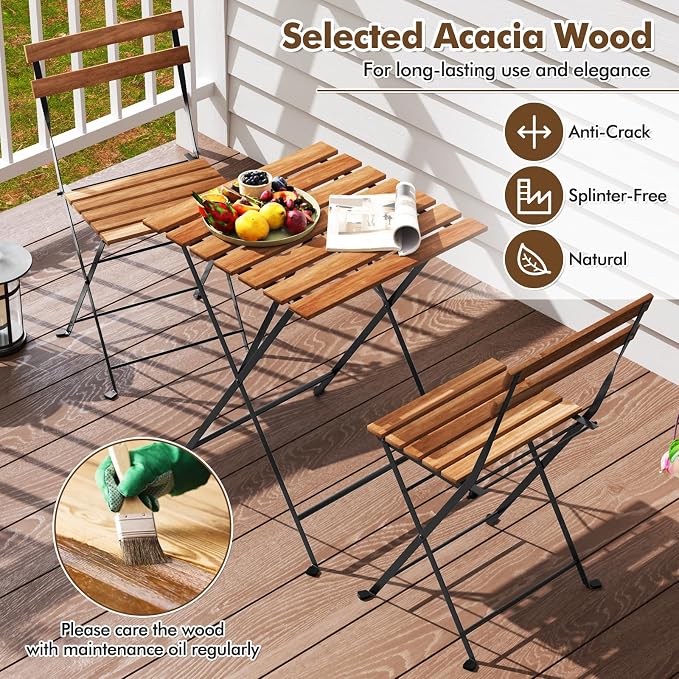 Giantex 3-Piece Acacia Wood Bistro Set, Patio Bistro Table with 2 Folding Chairs, Slatted Seat & Tabletop, Metal Frame, Outdoor Furniture Set for Backyard, Porch, Garden, Poolside (Black + Brown)