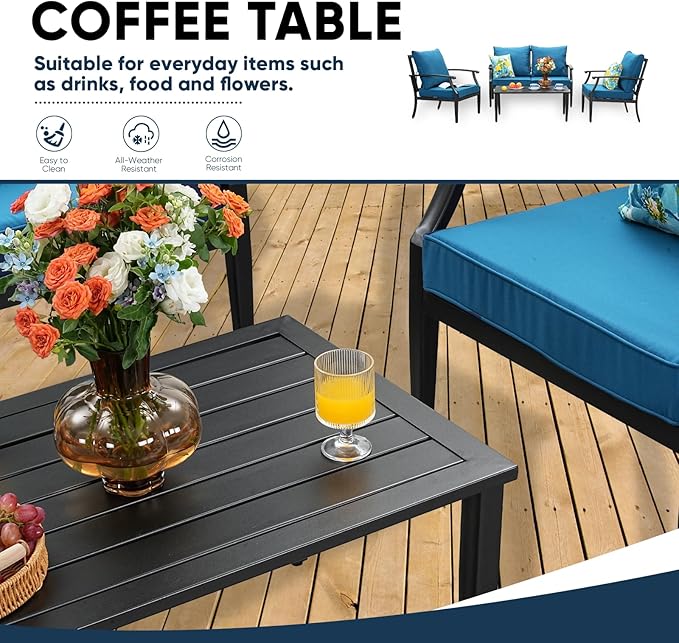 4 Piece Outdoor Patio Furniture Set, Oversized Metal Conversation Set with High Back & Deep Seating, Water-Repellent Cushions, Coffee Table for Porch, Deck, Backyard, Peacock