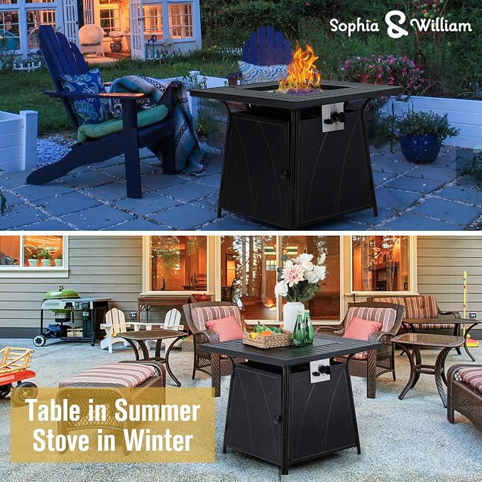 Sophia & William 5 Pieces Patio Dining Set with Gas Fire Pit Table Outdoor Patio Furniture 28" Propane Fire Pit Table 50,000 BTU Auto-Ignition, 4 Patio Swivel Chairs for Lawn Garden Yard Black