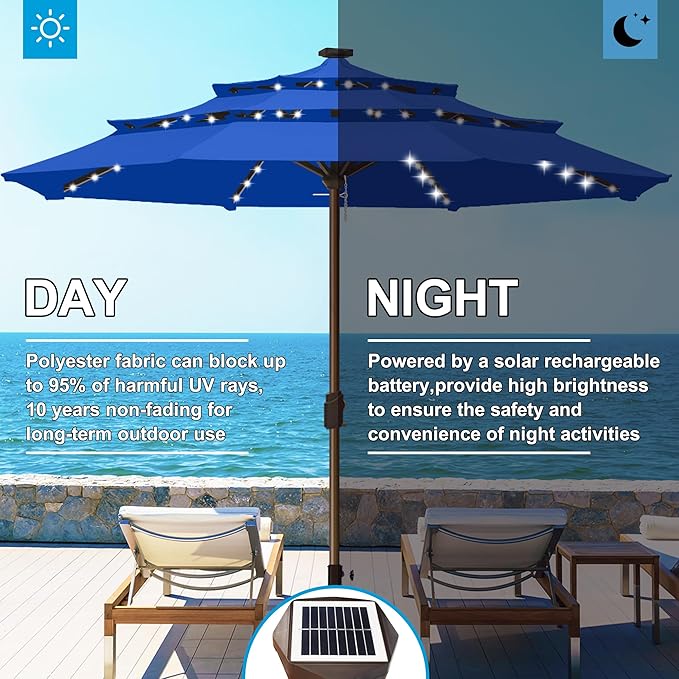 Eurmax USA 10-Year-Non-Fading 10FT 3-Tier Outdoor Patio Market Umbrella with LED Lights,UPF50+ UV Resistant,Commercial Grade,Crank Lift Design,Windproof Vented Top for Garden,Pool,Deck,Pacific Blue
