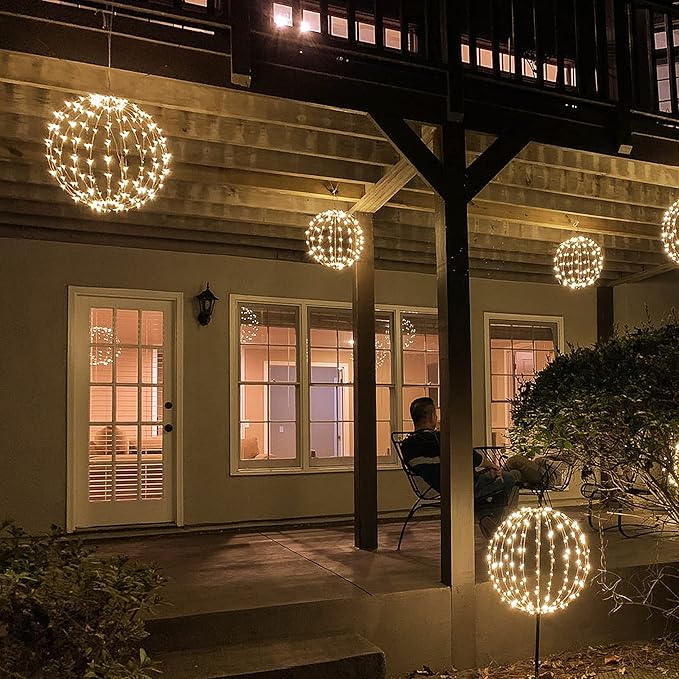 LIGHTSHARE 12IN 96LED Light Ball Yard Decoration Pathway Lights Sphere Light with Fold Flat Metal Frame Indoor Outdoor Waterproof Garden Lights, Plug in