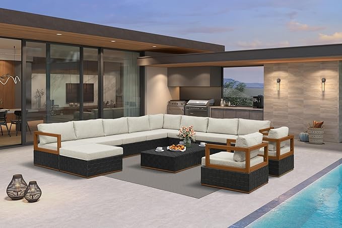 PURPLE LEAF Patio Outdoor Furniture Set 13 Pieces, Premium Leather Outdoor Couch Sectional Sofa, L-Shaped Patio Conversation Sets with Olefin Cushions, Patio Couch for Porch, Balcony, Garden, Black