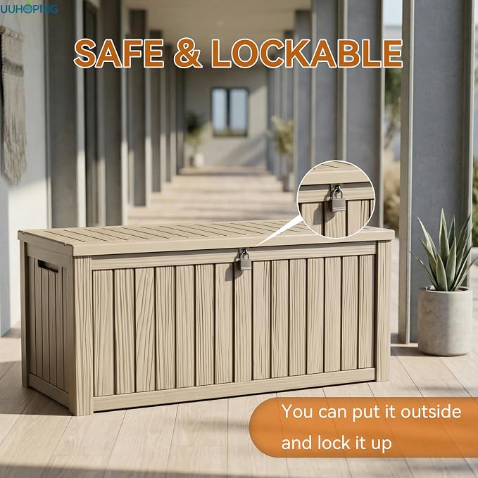 150 Gallon Outdoor Deck Box, Resin Waterproof Storage Box With Lockable Lid, UV-Resistant Multi-Purpose Outdoor Storage Bench for Patio Cushions, Garden Tools, Pool Accessories (Grey)