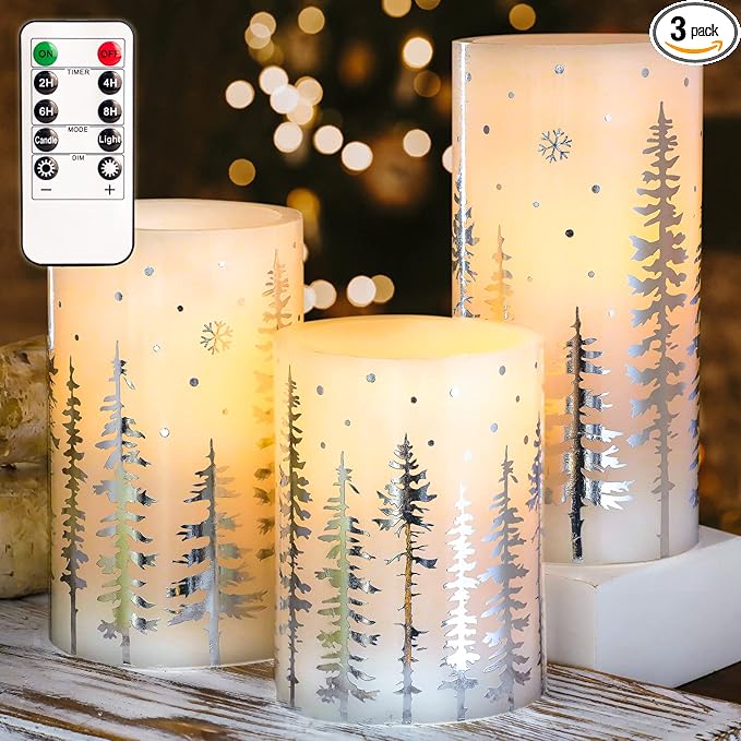 Christmas Flameless Candles, Battery Operated, Hot Stamping Silver Xmas Tree LED Flickering Candles with Remote and Timer, Holiday Decorative Pillar for Xmas, Party, Bedroom