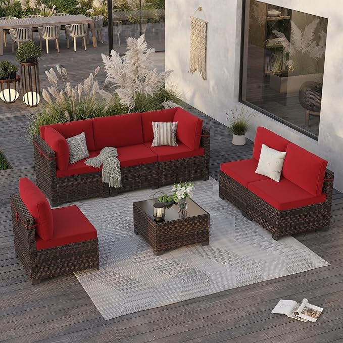 Soohow 7-Piece Patio Furniture Set, Outdoor Conversation Set, Thickened All-Weather Rattan Sectional Sofa with Tempered Glass Table for Garden, Porch, Backyard - Wine Cushions