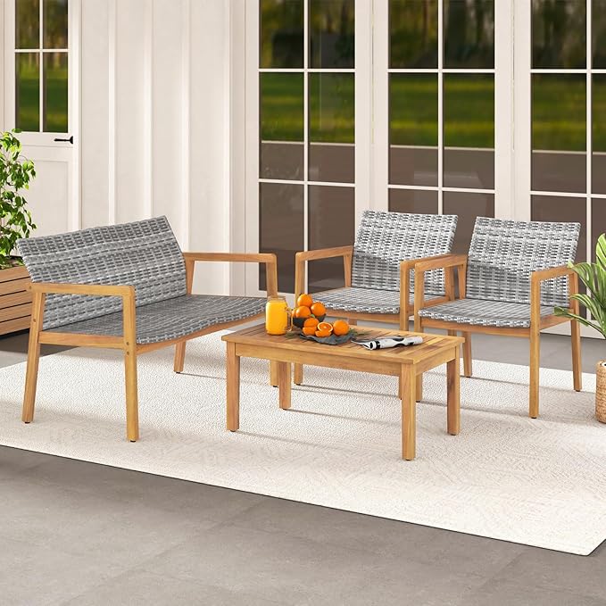 Tangkula 4 Pieces Outdoor Furniture Set, Acacia Wood Frame Sofa Set w/Rattan Seat & Back, Patio Conversation Set w/Coffee Table for Balcony, Poolside, Backyard (Mix Gray)