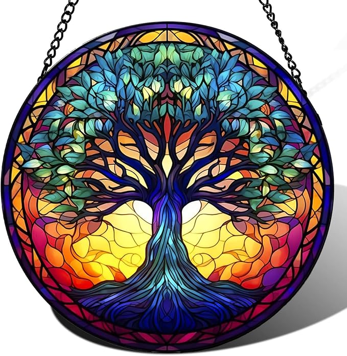 Tree of Life Suncatcher Stained Glass Window Hanging | 7.9 in, Catcher, Garden Decor