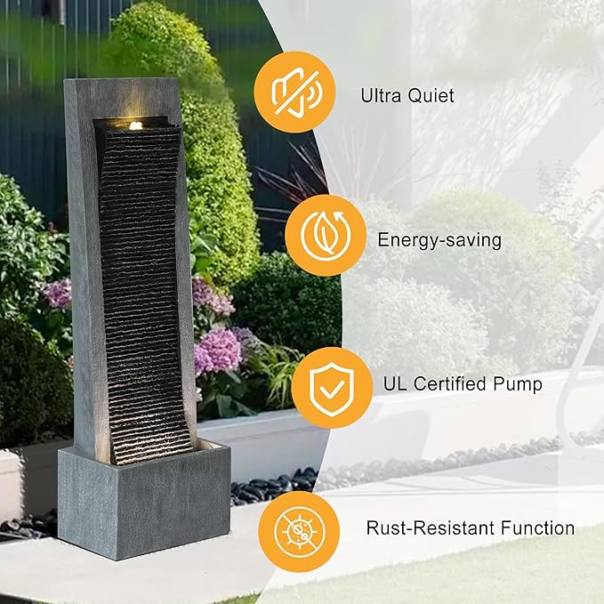 MAGIC UNION Water Fountain Outdoor Garden - Indoor Modern Water Fountain Freestanding Fountains, 49.6" H Contemporary Curves Garden Fountains with LED Lights, Pump and Natural Stones for Garden, Patio