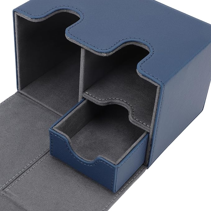 EVGATSAUTO PU Leather Card Deck Box with Detachable Dice Tray, Storage Case Holds 200+ Collectible Cards for CCG Gaming Accessories (Dark Blue)