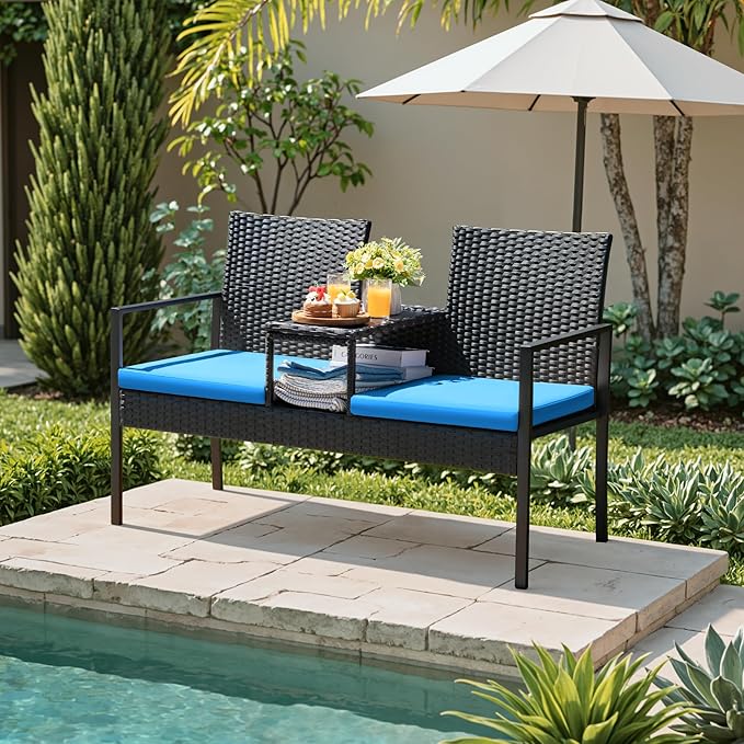 Greesum Patio Conversation Set Outdoor Wicker Furniture Sets with Soft Cushions and Built-in Coffee Table for Lawn, Garden and Backyard, Blue