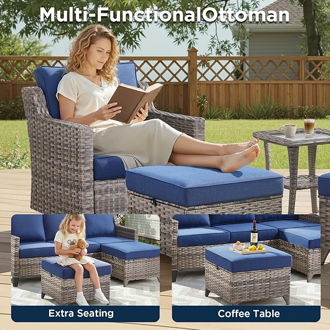 12 Piece Patio Furniture Set-High Back Outdoor Furniture Set Sectional Sofa with Wicker Swivel Patio Chairs,Comfy Cushions Ottomans for Porch Balcony Patio Deck Grey/Blue