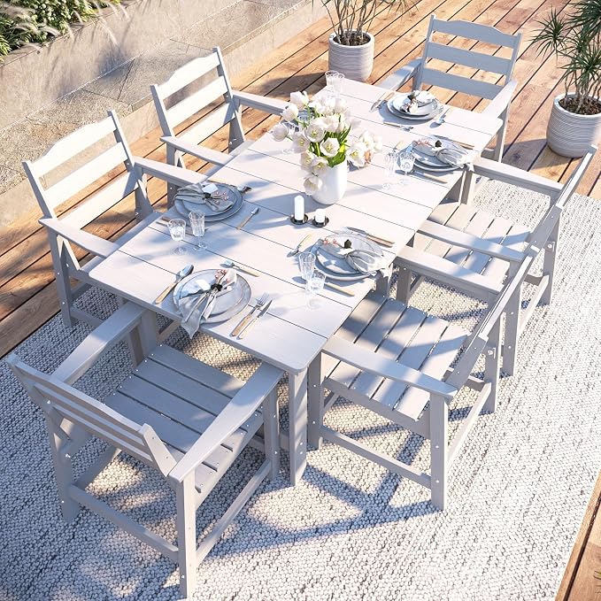 THOEOE 7 Piece Outdoor Dining Set, Patio Dining Table and 6 Chairs, All-Aluminum Frame, All-Weather HDPE Outdoor Furniture with Umbrella Hole for Garden, Lawn, Poolside, White