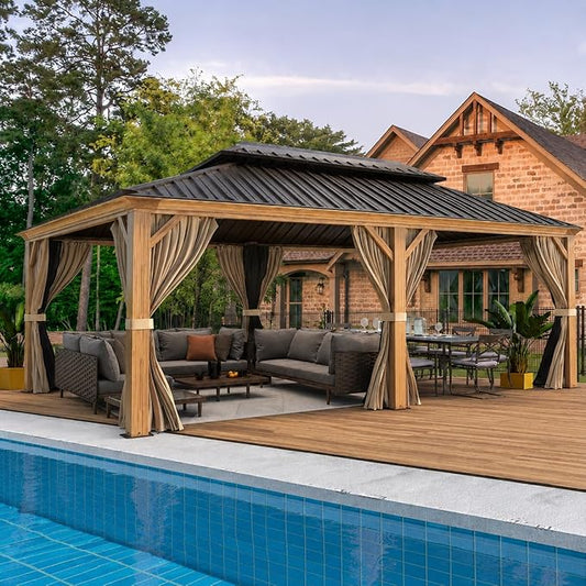 YOLENY 12' x 20' Hardtop Gazebo Wood Grain Pergola with Galvanized Steel Double Roof, Aluminum Frame, Outdoor Patio Gazebo with Netting and Curtains for Deck, Backyard, Patio and Lawns