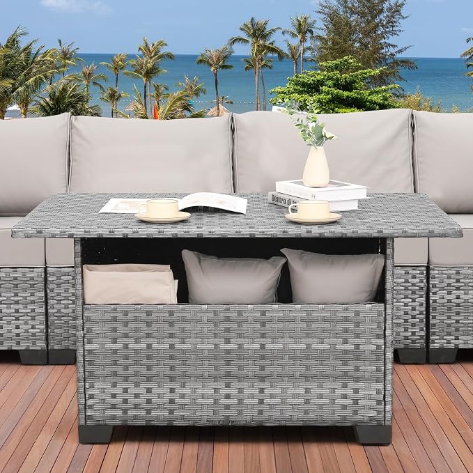 WAROOM Outdoor PE Wicker Coffee Table - Patio Rattan Garden Furniture Multi-Functional Storage Tea Dining Table, Grey