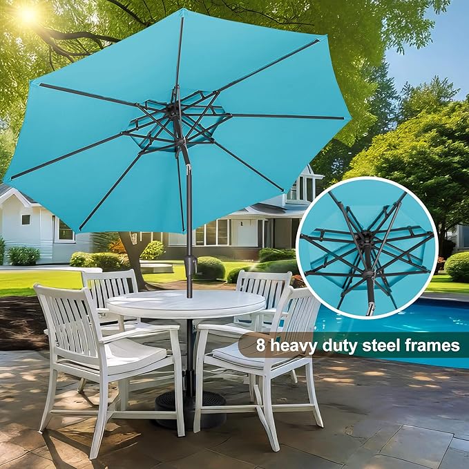 FLAME&SHADE 9ft Patio Umbrella - 2 Tiers Outdoor Umbrella with Push Button Tilt and Crank for UV Protection, Table Market Umbrella for Garden, Deck, Backyard, Pool and Beach(Aqua Blue)