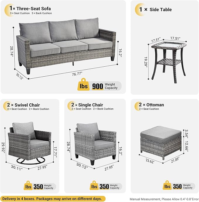 ovios 8 Pieces Patio Furniture Set, Outdoor Wicker Sofa Couch with Swivel Chairs, Rocking Glider Rocker with Comfy Cushions All Weather Rattan Conversation Set, Dark Grey