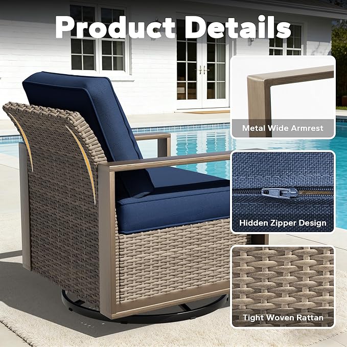 6 Pieces Metal Wicker Patio Furniture Set - 75" Sofa, Two Swivel Chairs and Two Ottomans, One Coffee Table All Weather Rattan Outdoor Conversation Furniture with Washable Cushion for Deck, Dark Blue
