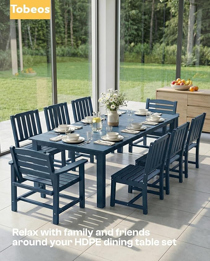 HDPE Outdoor Dining Set for 8, 9-Piece Outdoor Dining Table Set with 15FT Patio Umbrella, Patio Table and Chairs Set with Aluminum Frame & Legs (Blue)