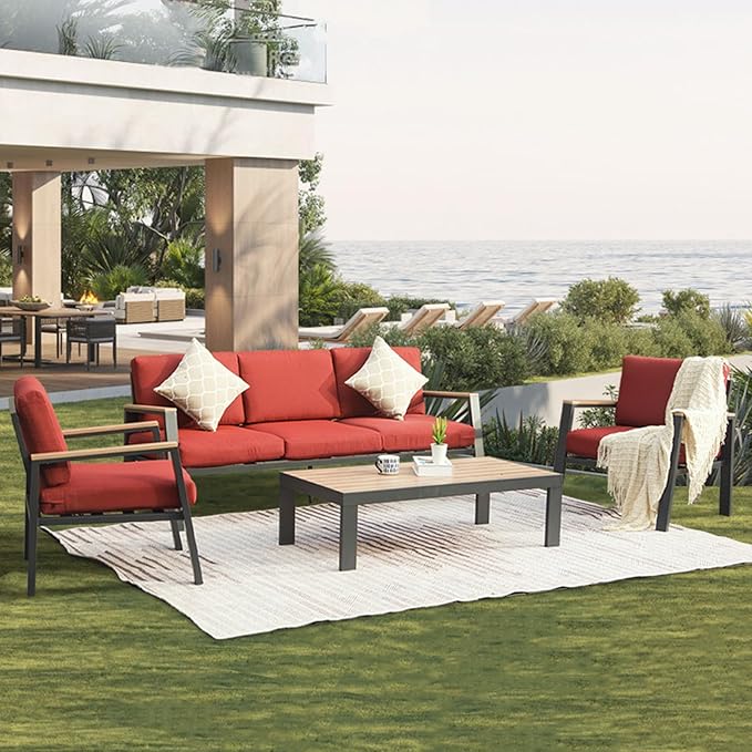 Domi Patio Conversation Set 4 Pieces, Aluminum Outdoor Patio Furniture with Coffee Table, All-Weather Modern Deep Seating Sofa Set with Cushions (Spring Coil Seat Cushion) -Red