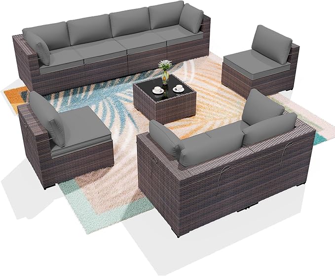 ALAULM 9 Pieces Patio Furniture Set Wicker Patio Conversation Set with 4 Corner Sofas, Outdoor Sectional Furniture w/Coffee Table & Washable Seat Cushions-Grey