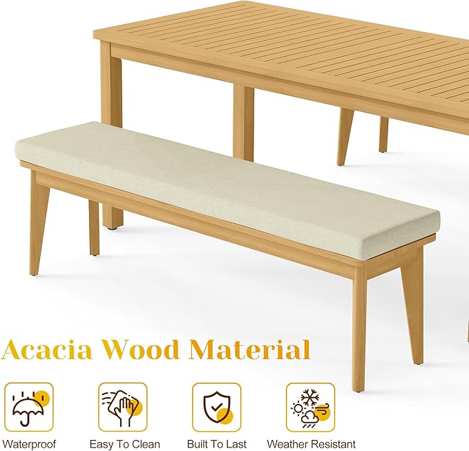 FansaFurn 3-Piece Outdoor Dining Set for 4 with 2 Benches and Cushion, All-Weather Acacia Wood Patio Table and Bench Set for Garden and Lawn, Beige