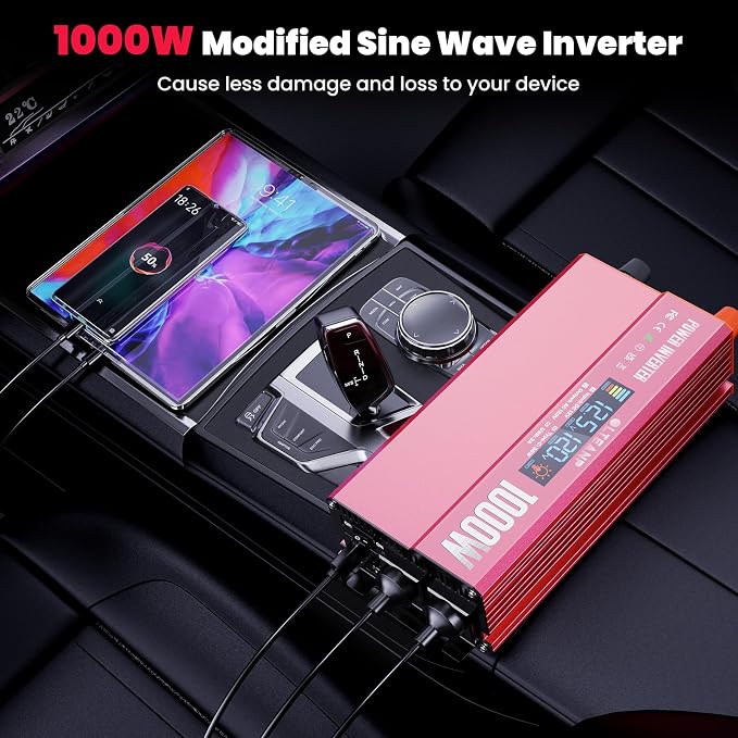 OLTEANP 1000W Power Inverter with LCD Screen Display, 2 AC Outlets, 36W Type-C Port, 5V/3A USB Port, 12V DC to 110V/120V AC Inverter for Truck, Home, Vehicles, Laptop, Trip