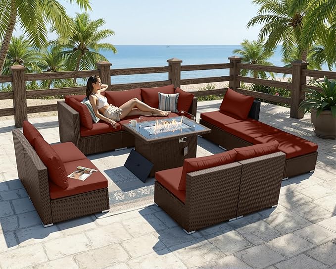 BULEXYARD 11 Piece High Back Outdoor Furniture Set with Firepit, Elegant Patio Conversation Set with Ottoman Modular, Extra Wide Deep 10-Seats Sectional Couch Sofa for Yard, Brown Rattan & Red Cushion