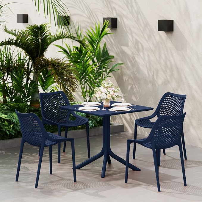 Costaelm Patio Dining Table for 4, Square PP Patio Table, 4-Person Weather Resistant Porch Tables for Outside Poolside Deck Lawn Garden Backyard, Navy Blue