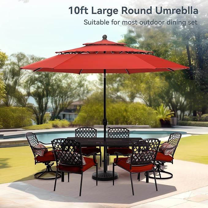 PHI VILLA 10ft Patio Umbrella Outdoor 3 Tier Vented Market Table Umbrella with 1.5" Umbrella Pole and 8 Sturdy Ribs, (Orange Red)（No Base）