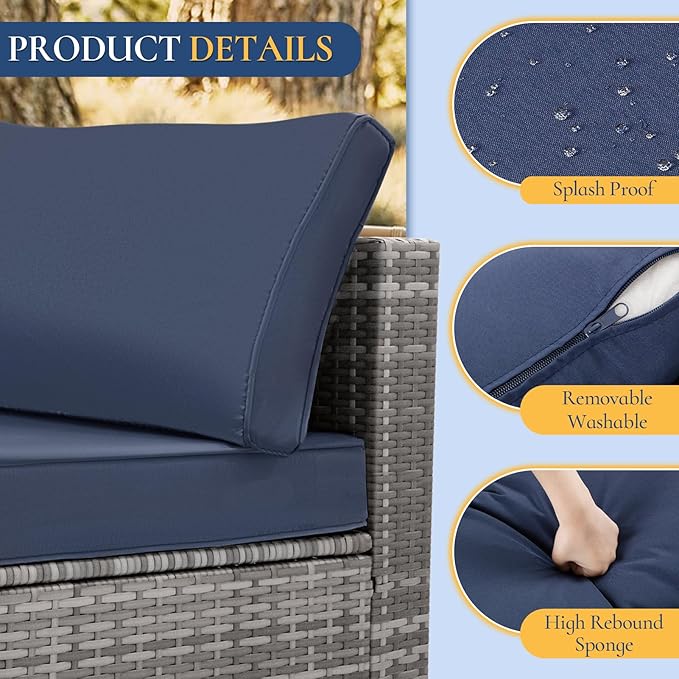 FHFO 8-Piece Patio Furniture Set with 28" Fire Pit Table, Wicker Outdoor Conversation Set Sectional Sofa with Thick Cushions & Coffee Table, for Backyard, Poolside, Garden, Grey-Blue