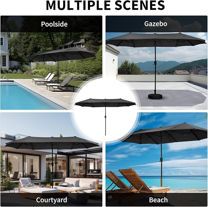 13 ft Patio Umbrella, Large Rectangle Outdoor Umbrella with Strap, Crank, Black