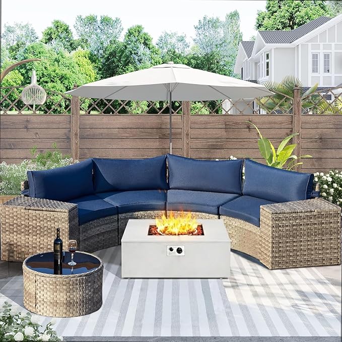 ECOTOUGE 8-Piece Half-Moon Curved Patio Furniture Set with Fire Pit Table, Wicker Rattan Sectional Sofa with Thick Cushions, Outdoor Conversation Set for Backyard Garden No Tank Cover(Blue, White)